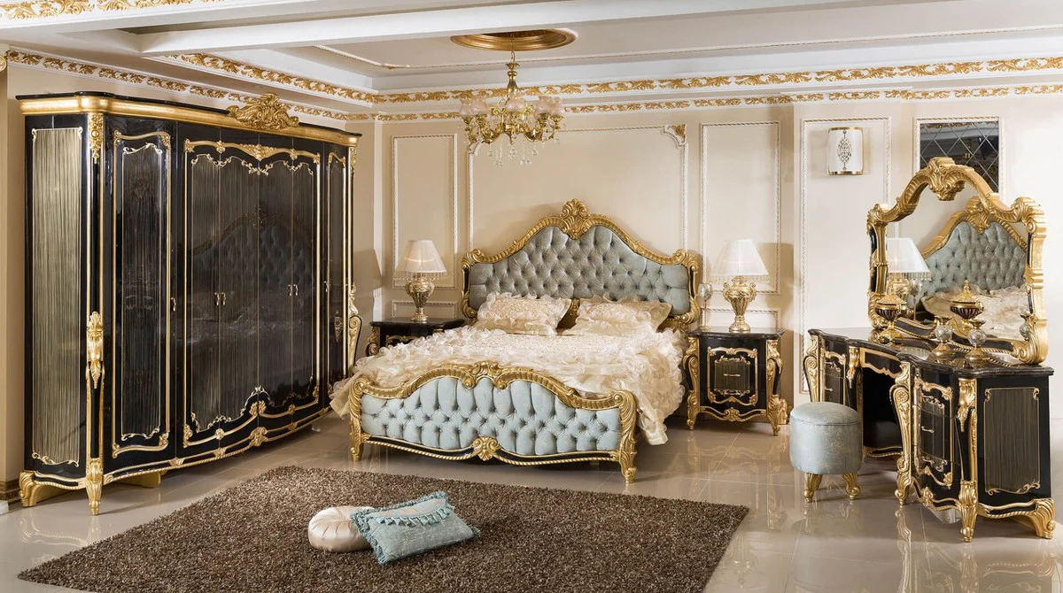 Luxury baroque bedroom set light blue / black / gold - 1 double bed with headboard & 2 nightstands - bedroom furniture in baroque style - noble and magnificent