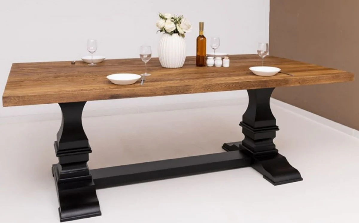 Country house style dining table brown / black 220 x 120 x H. 78 cm - Rectangular solid wood kitchen table - Country house style solid wood dining room furniture