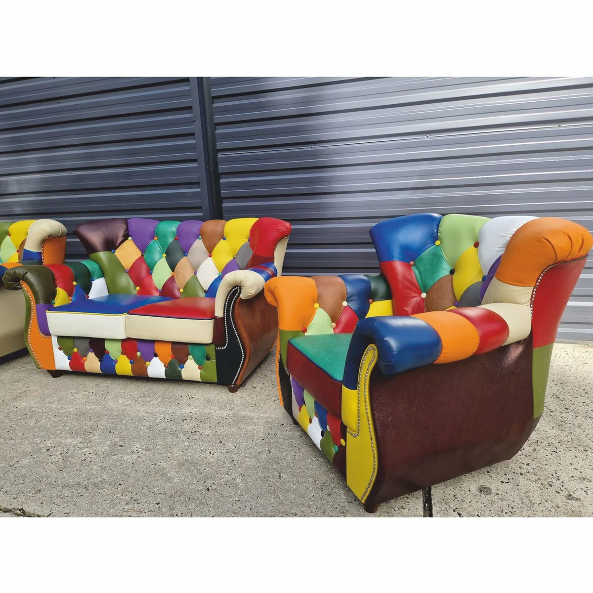 Luxury Chesterfield Leather Living Room Set Colorful / Dark Brown - Patchwork Real Leather Furniture