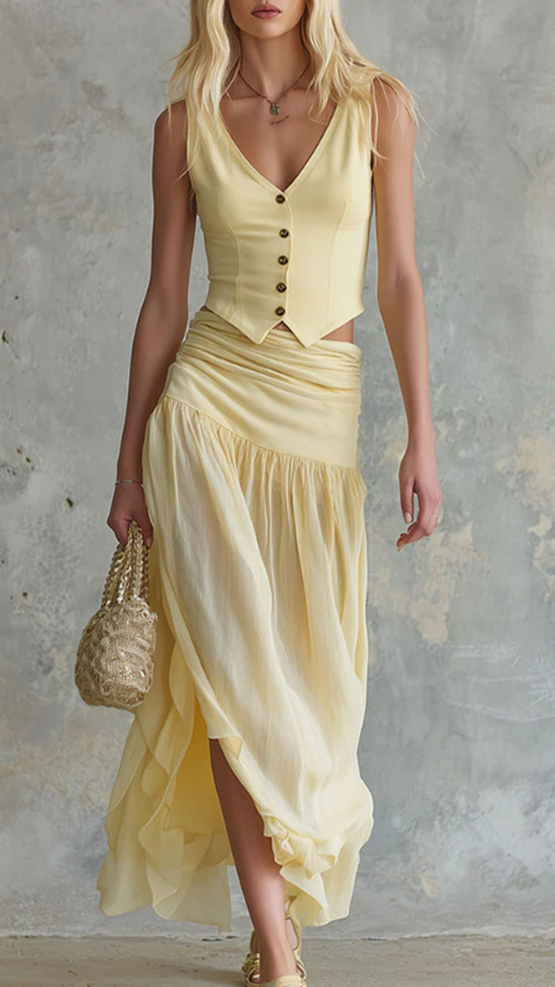 Women's Cotton-blend V-neck Buttoned Ruched Midi Skirt Set - Nordfashionstorm - Women's Clothing, Fashion for You - Nordfashionstorm.com