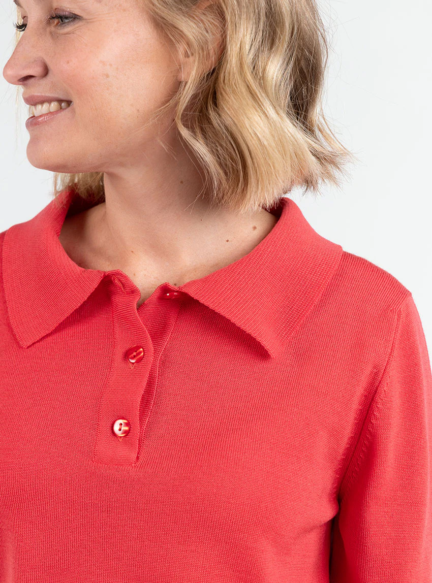Pull femme col polo en laine rouge lumineux
