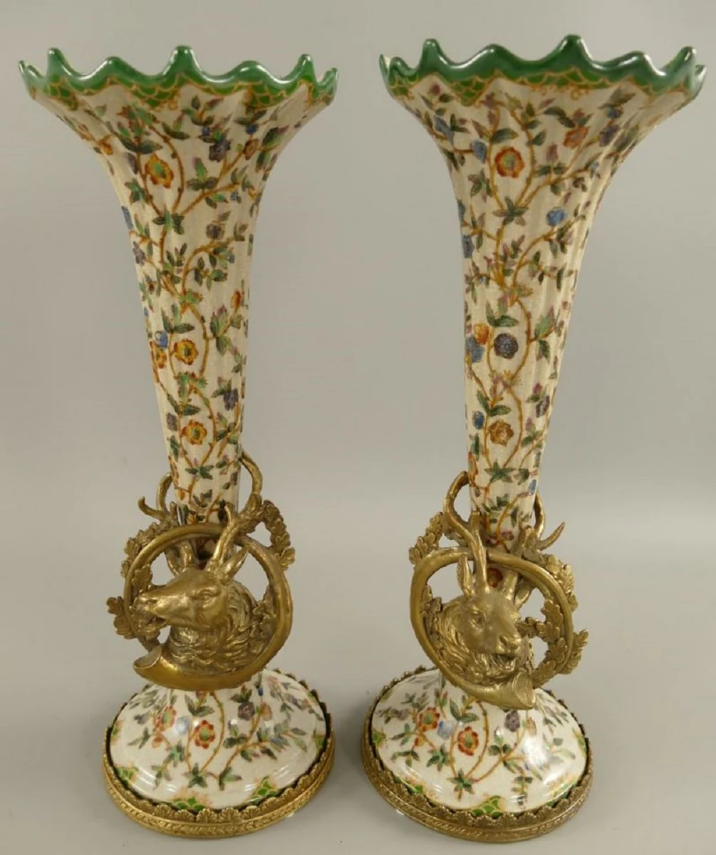 Art Nouveau porcelain vases set cream / multicolored / brass Ø 12 x H. 34 cm - Baroque & Art Nouveau decorative accessories