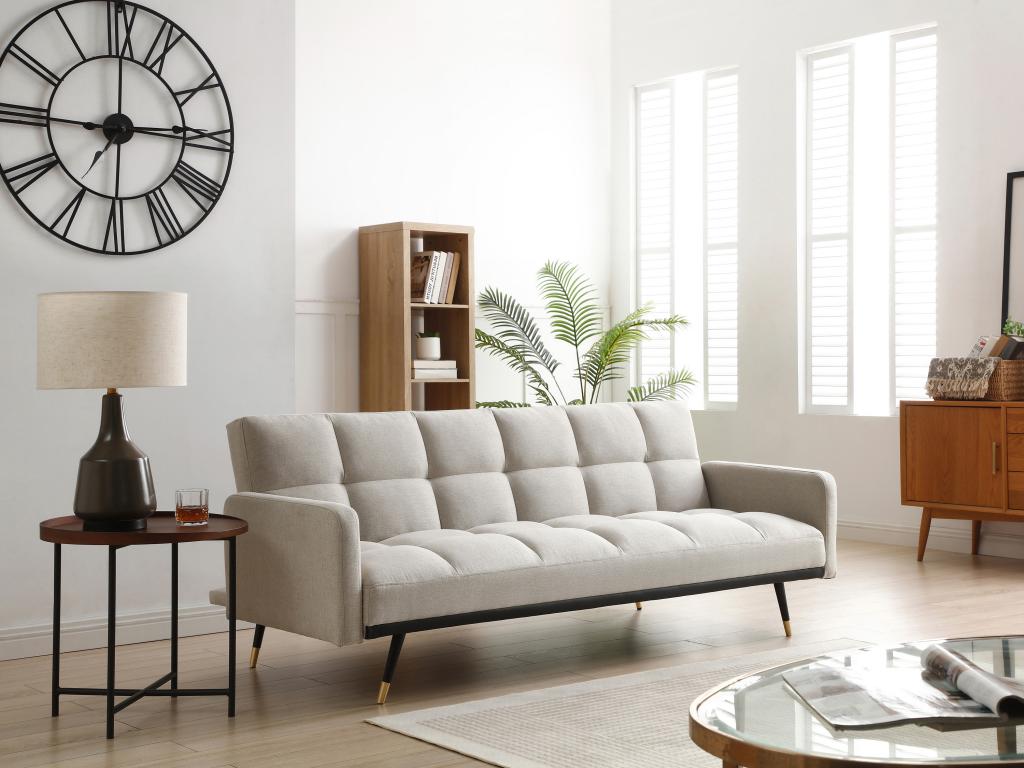 Sofá cama de 3 plazas de tela beige con estilo复古