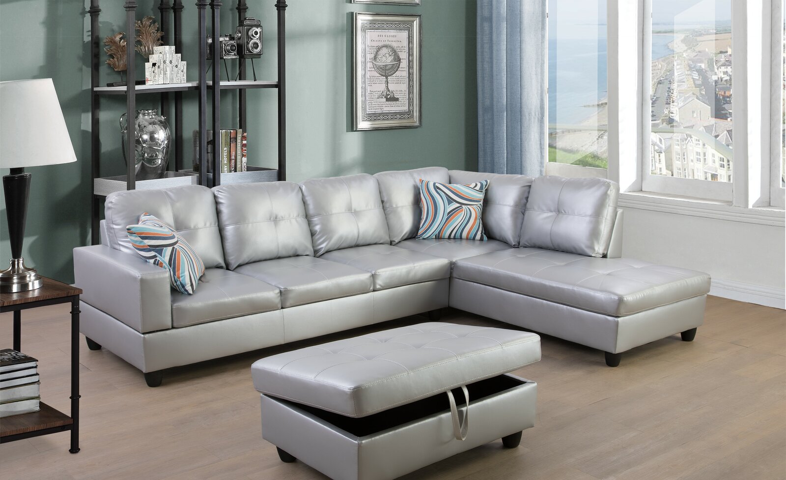 Wilhelmine 103.5 Large Faux Leather Sofa & Chaise with Ottoman