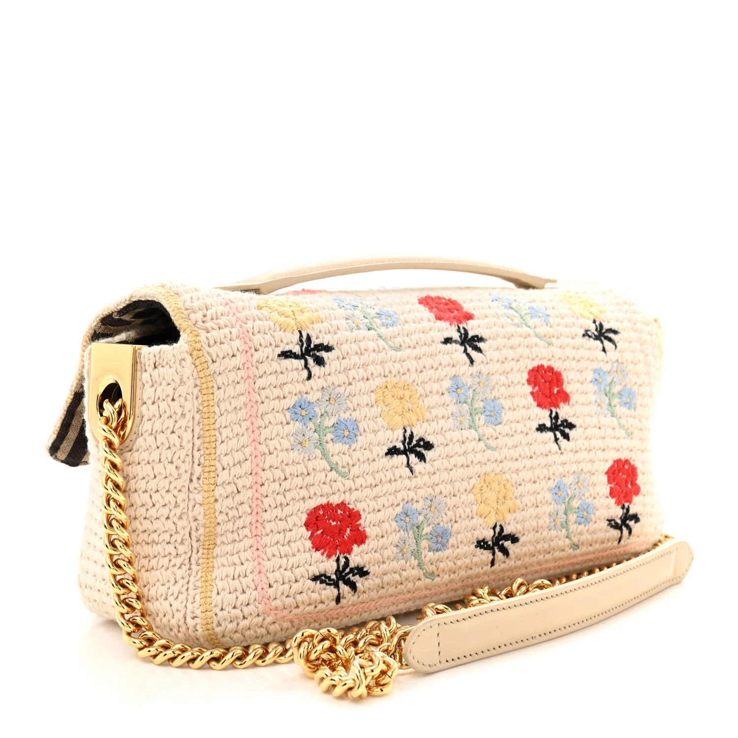 Cotton Vitello Seta Floral Woven Chain Baguette White Multicolor - Top Club