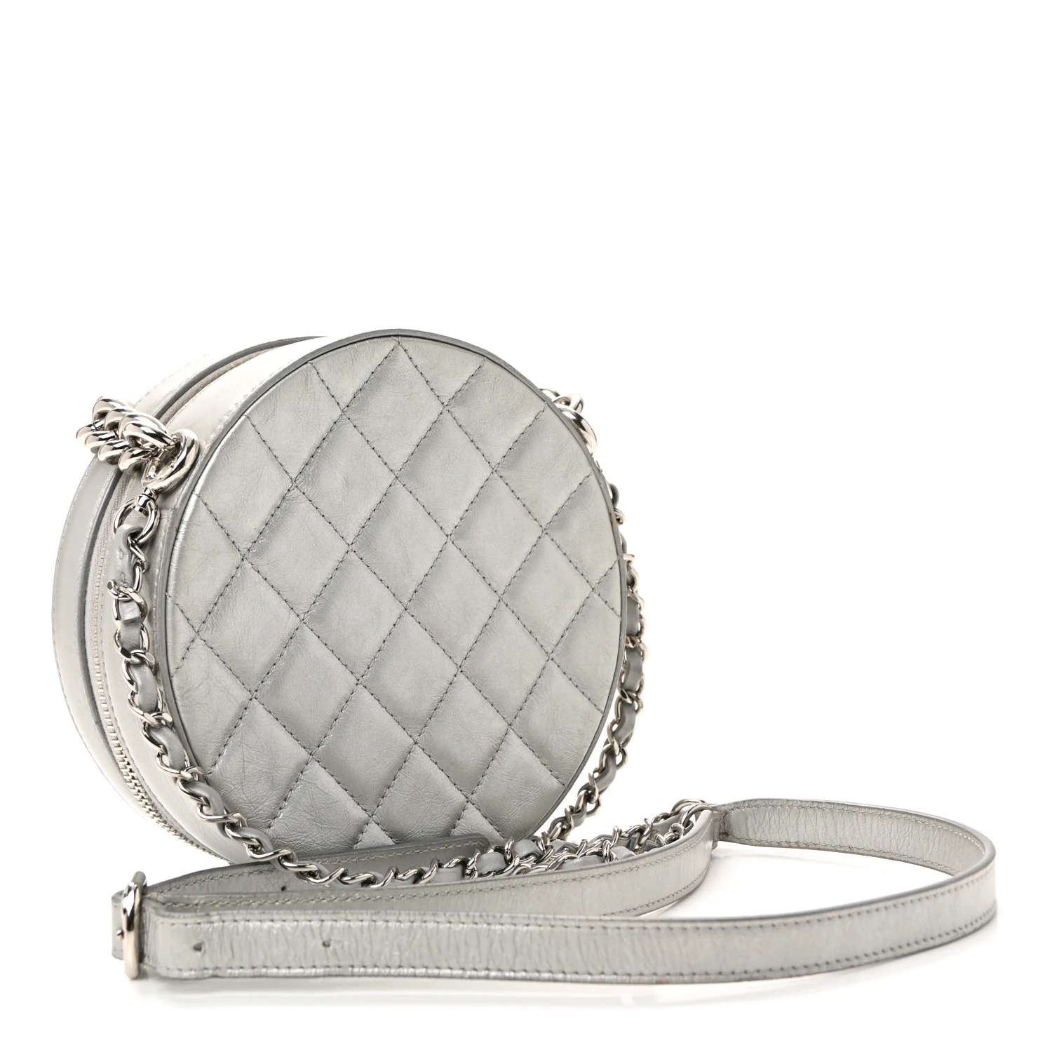 Metallic Glazed Calfskin Round As Earth Evening Bag Silver - Top Club