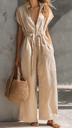 Women's V-Neck Stand-Collar Zip-Front Drawstring Jumpsuit - Nordfashionstorm - Women's Clothing, Fashion for You - Nordfashionstorm.com