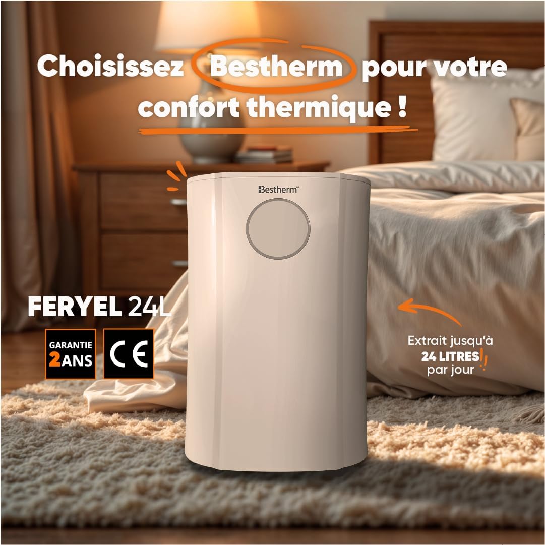 BESTHERM - Deumidificatore d'aria BESTHERM - Feryel 24L/giorno, serbatoio rimovibile, filtro a carbone attivo, ionizzatore integrato