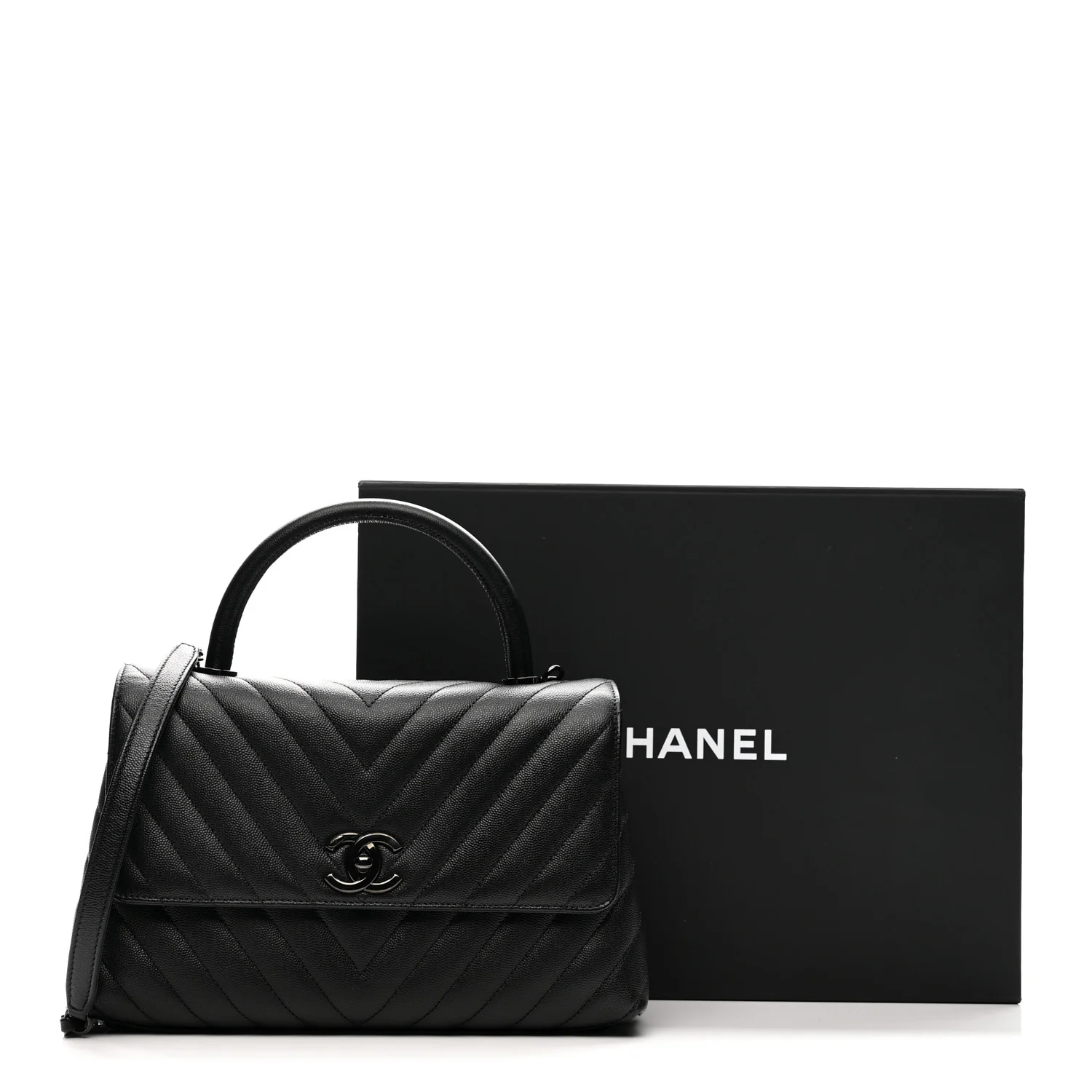 Caviar Chevron Quilted Small Coco Handle Flap So Black - Top Club