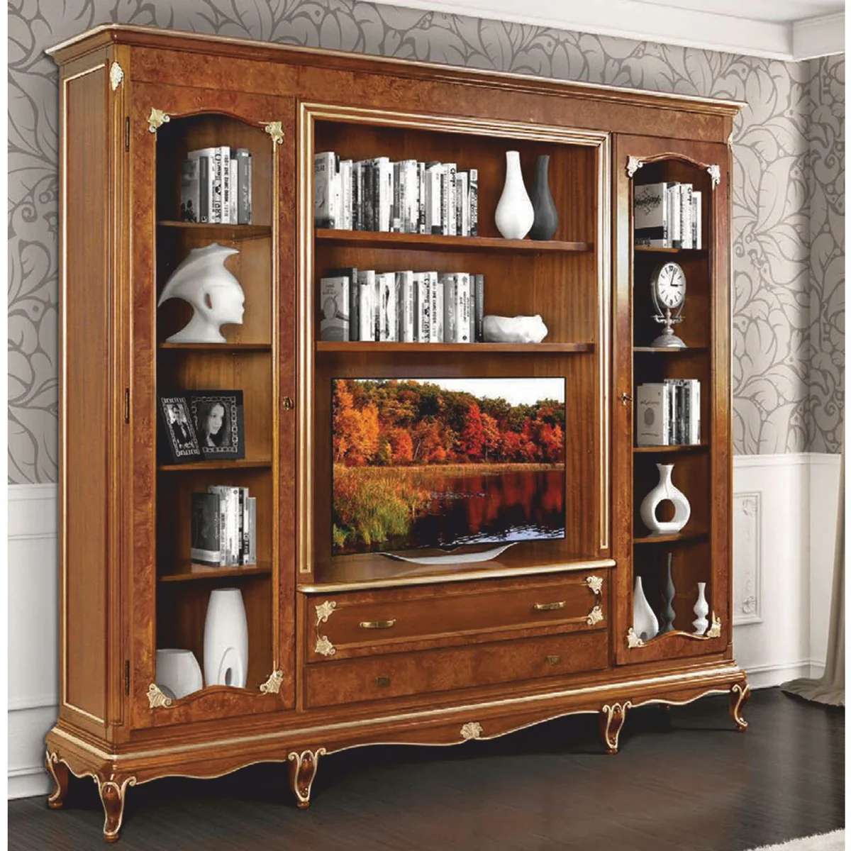 Luxury Baroque bookcase brown / gold 250 x H. 227 cm - Made in Italy