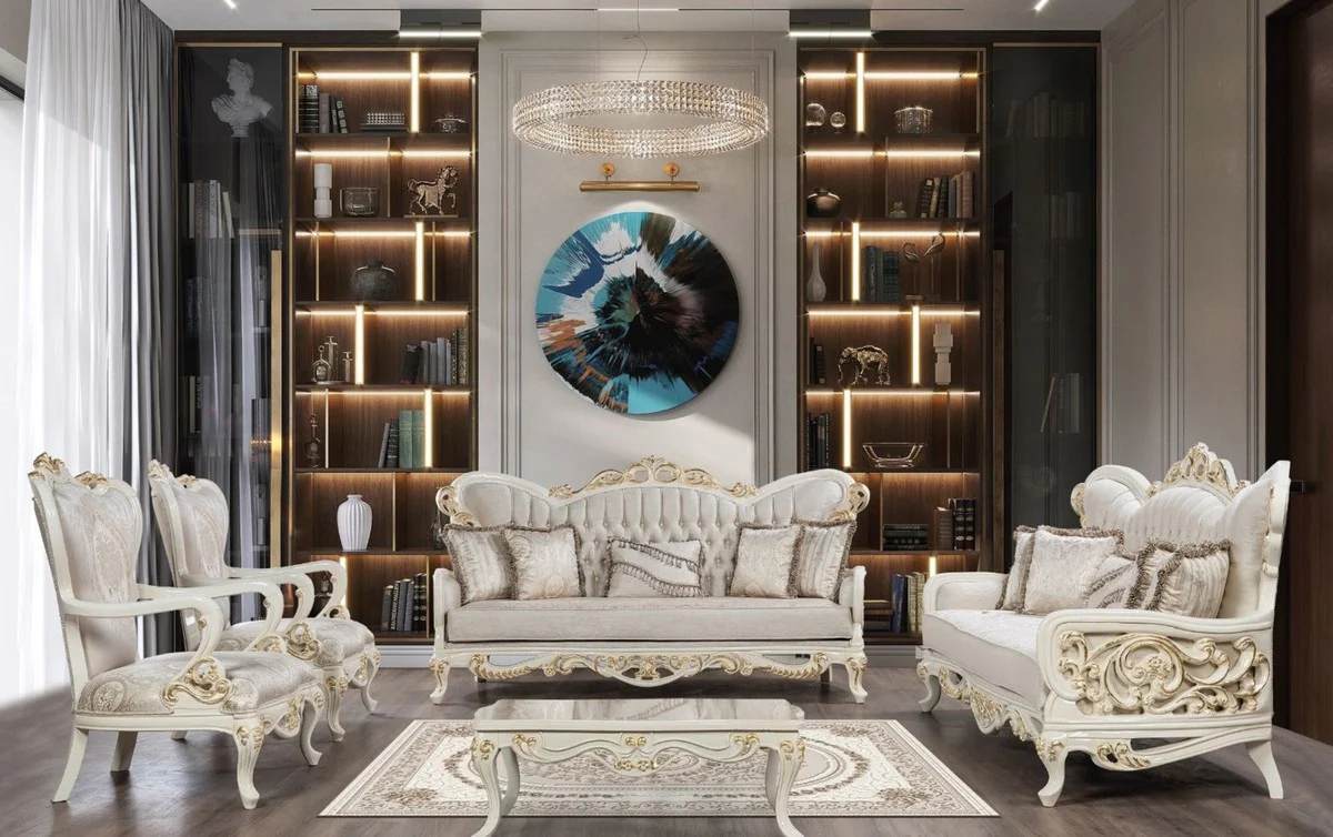 Luxury Baroque Sofa Silver / White / Gold - Handcrafted Baroque Style Living Room Sofa with Elegant Pattern - Magnificent Baroque Living Room Furniture