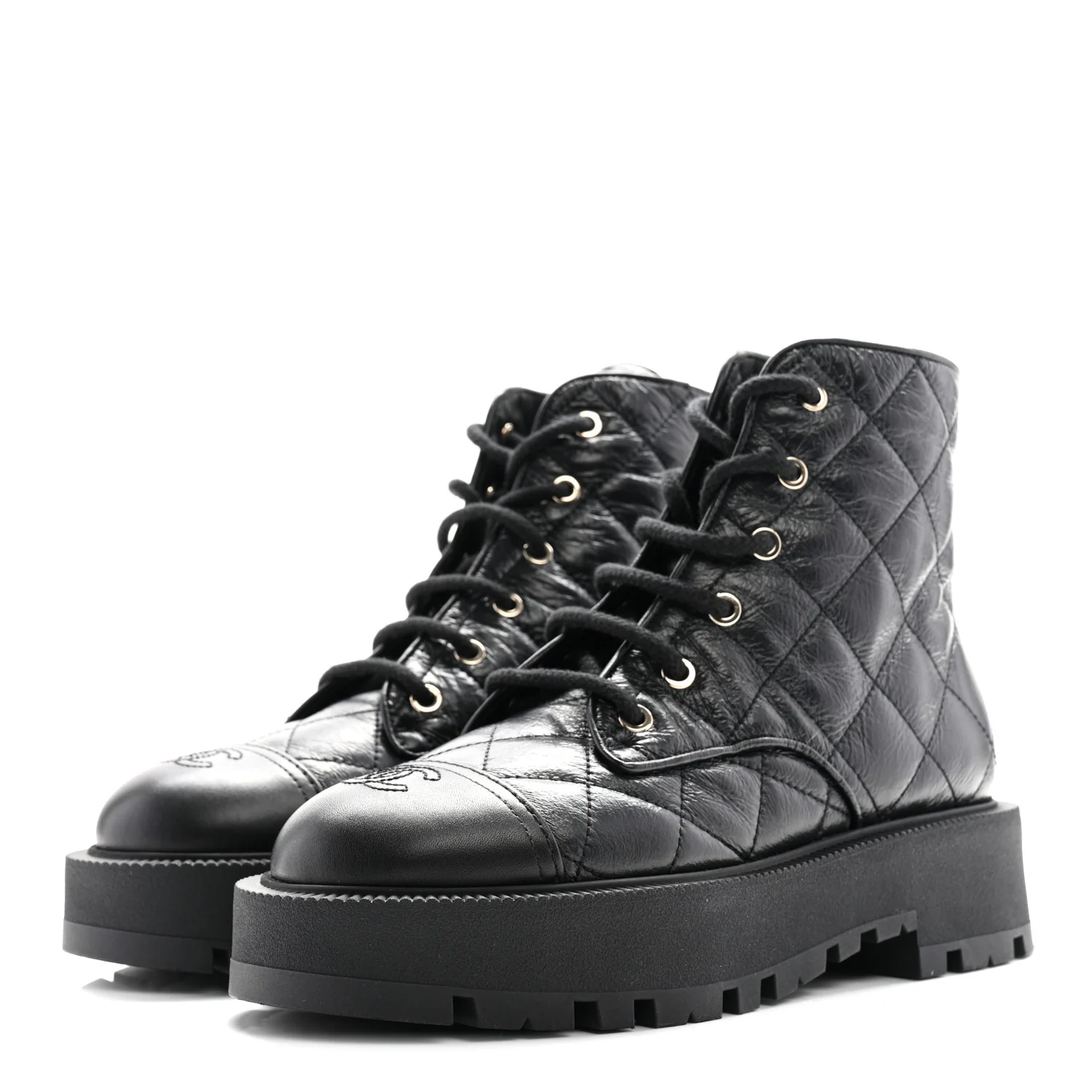 Crumpled Lambskin Quilted Platform Lace Up Combat Boots 39 Black - Top Club