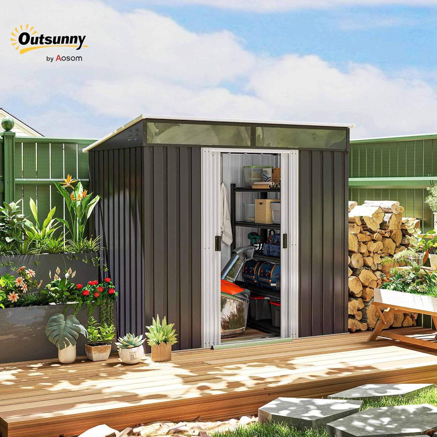 Outsunny Casetta da Giardino Porta Attrezzi in Acciaio 1.2x2x1.8m con Base, Capanno da Giardino con Finestre Trasparente, Serratura, Porta Scorrevole, Tetto Inclinato, 2 Ganci e 2 Prese d'Aria, Grigio