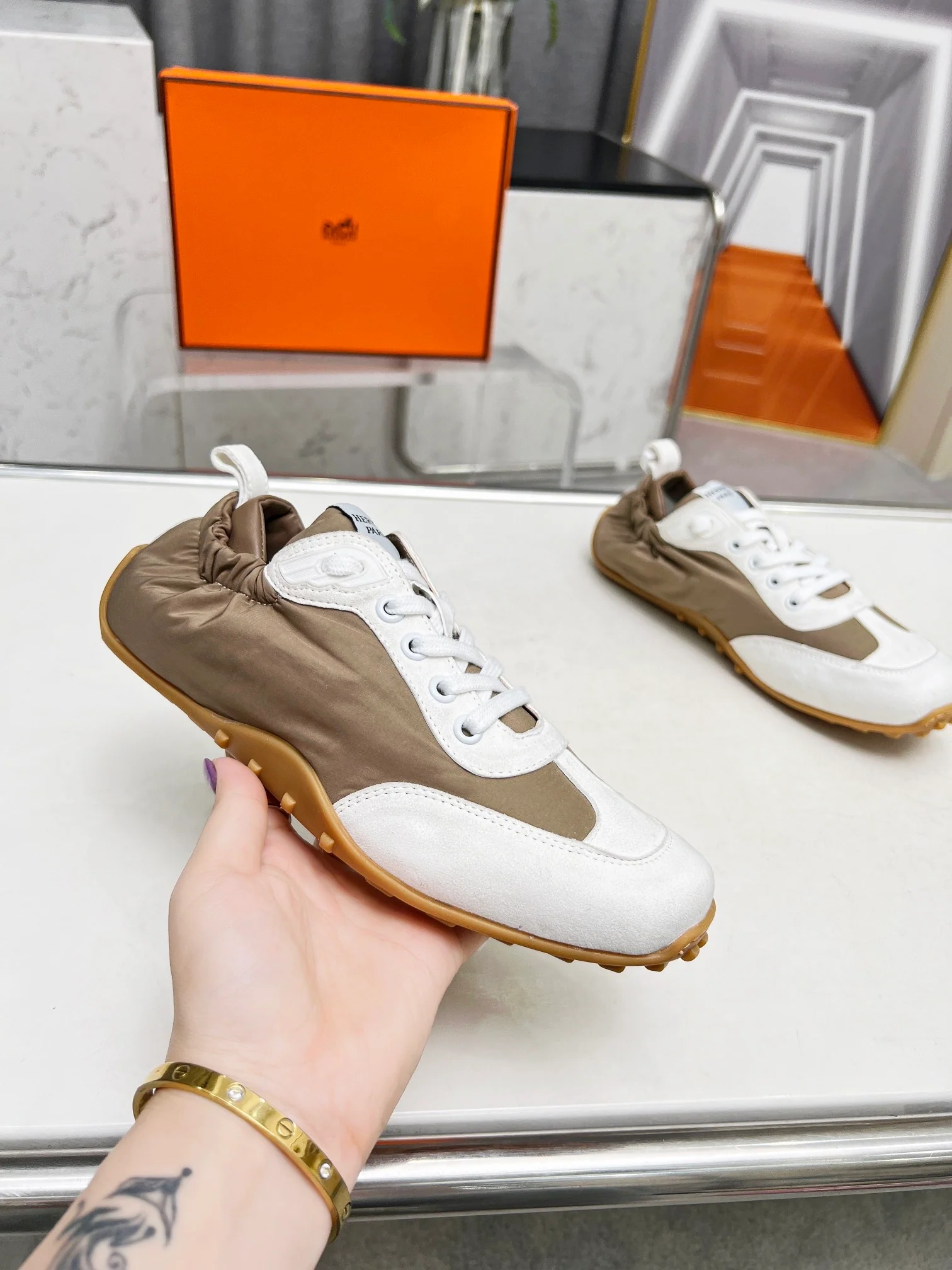 Hermès Unisex Brown And White Sneakers For Luxury Casual Style - Sneaker Replica Workshop