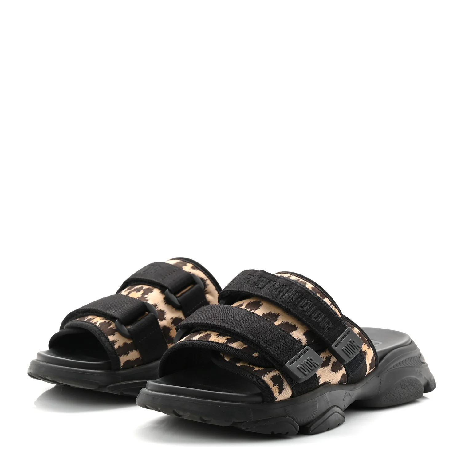 Technical Fabric Nylon Leopard Print D-Wander Slide Sandals 39 Black Brown - Top Club