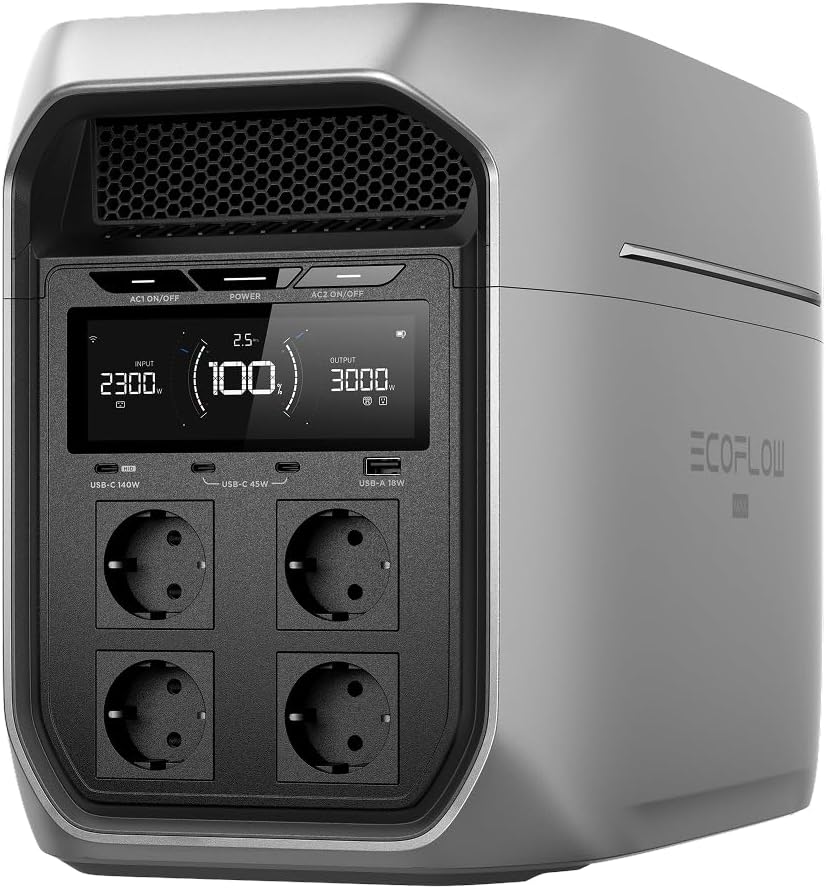 Power station portatile EF ECOFLOW DELTA 3 Max Plus, 2.048 Wh (espandibile fino a 10 kWh), LiFePO�? uscita CA 3.000 W, ricarica 0�?0% in 47 min, UPS 10 ms, generatore solare per casa e campeggio