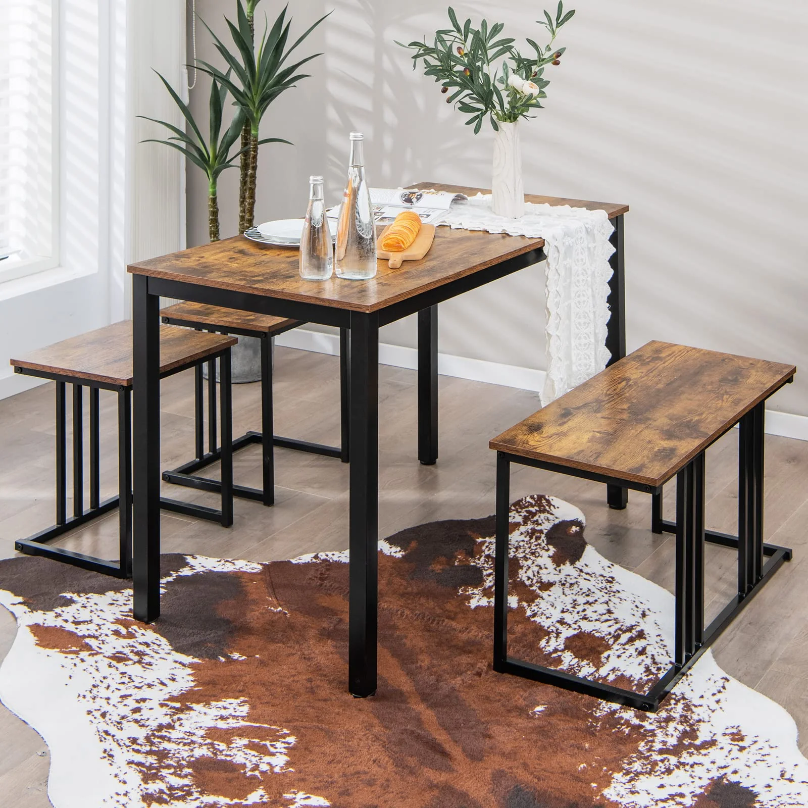 BEFOUNDLOVELY 4 Piece Dining Table Set for 4 with Bench & 2 Stools, Space-Saving Desk Set