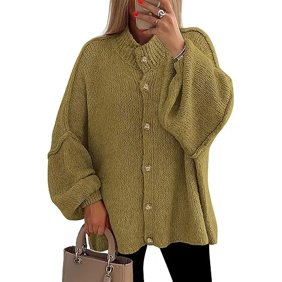 PrettyGarden Women's Winter Button Down Cardigan Sweaters Mock Neck Lantern Long Sleeve Chunky Knit Jacket Trendy Outerwear