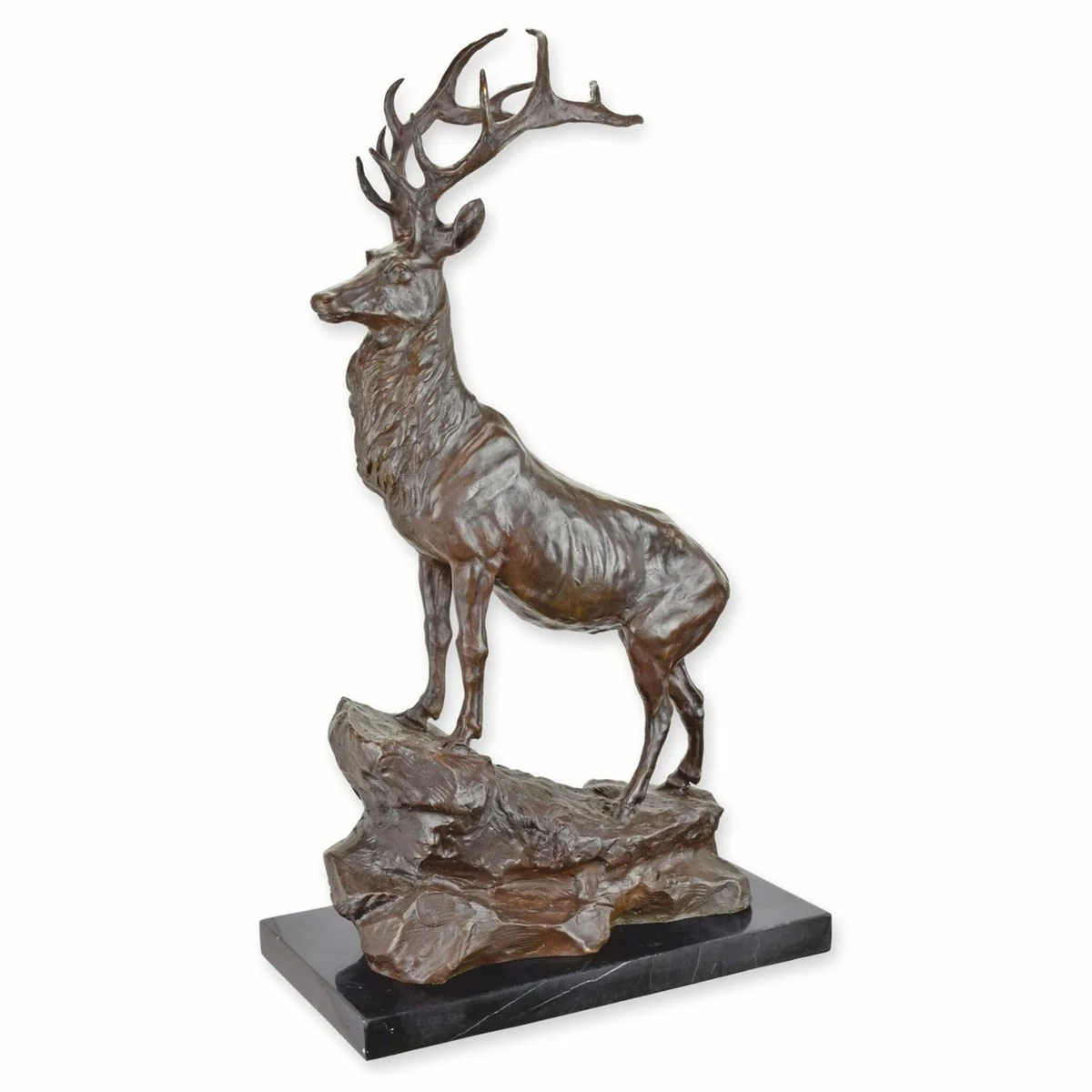Luxury bronze decorative sculpture deer on rock right side brown / black H. 67.8 cm