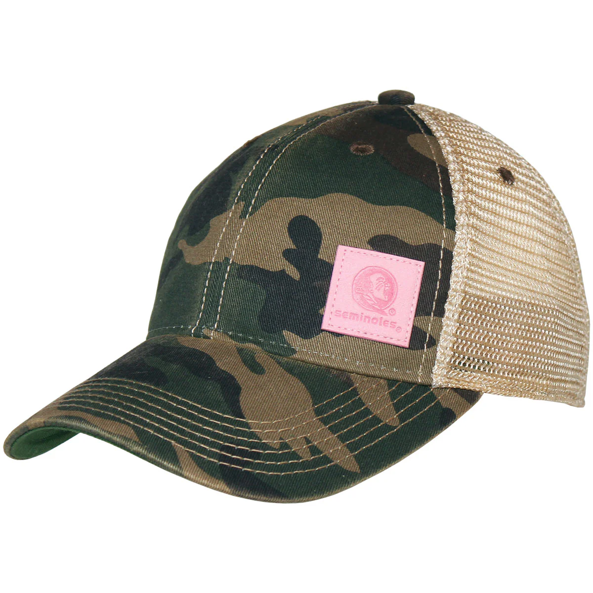 Legacy Seminole Logo/Seminoles Pink Patch Adjustable Women's Trucker Cap - Camo - MoB Apparel