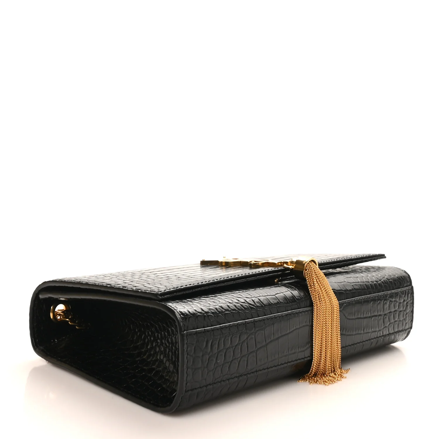 Calfskin Crocodile Embossed Medium Classic Monogram Kate Tassel Satchel Black - Top Club