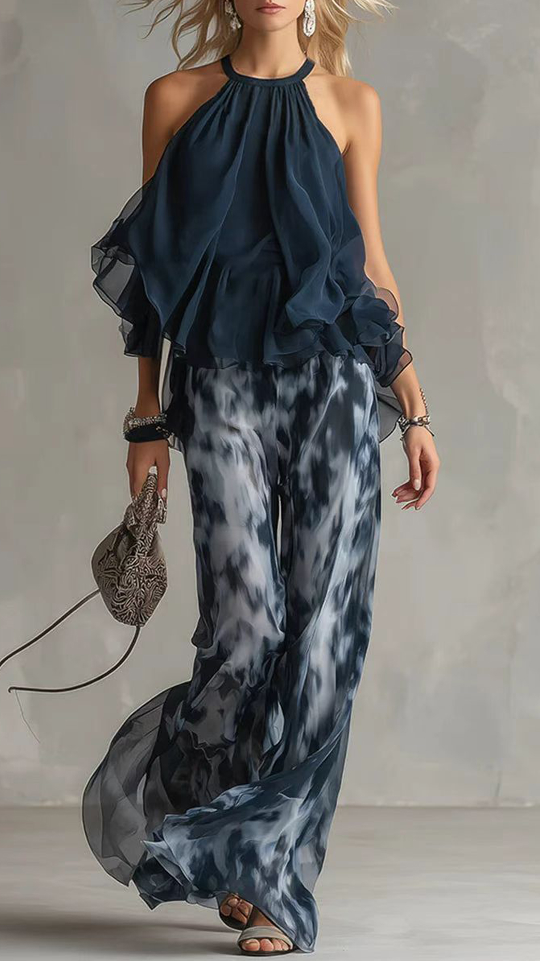 Women's Cotton-Blend Halter Ruffled Tie-Dye Wide-Leg Pants Set - Nordfashionstorm - Women's Clothing, Fashion for You - Nordfashionstorm.com