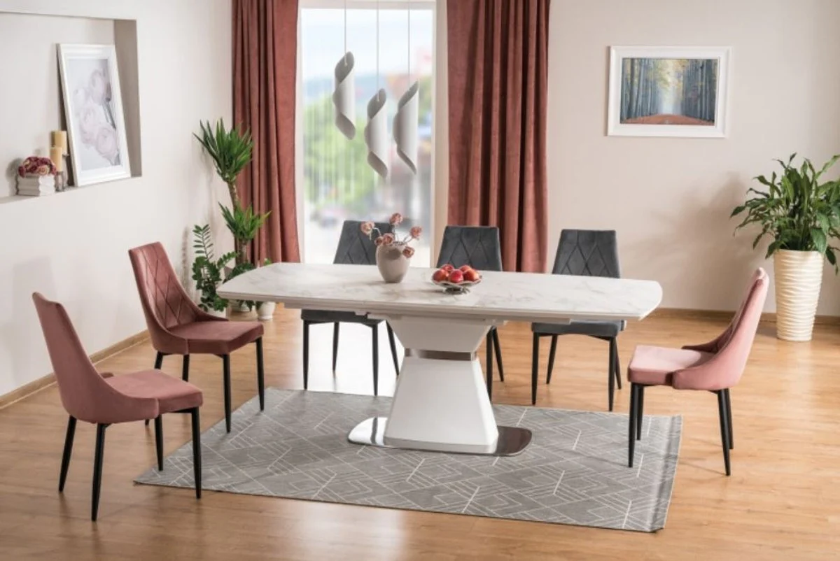 Luxury dining table white / matt white / silver 160-210 x 90 x H. 76 cm - Modern extendable dining room table with ceramic tops in marble look - Dining room furniture
