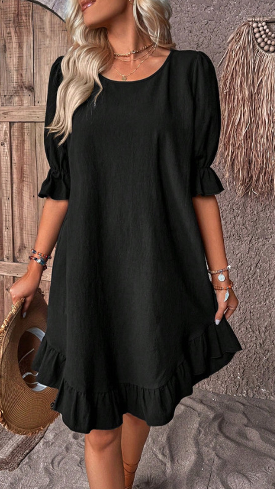 Women's Cotton-Linen Round Neck Ruffle Hem Dress - Nordfashionstorm - Women's Clothing, Fashion for You - Nordfashionstorm.com
