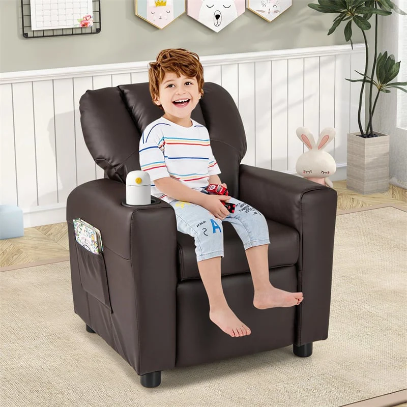 Kids Recliner Chair with Cup Holder & Side Pocket, Adjustable Toddler Lounge Sofa, Ergonomic Children Armchairs for Boys Girls Age 3+, 150lbs
