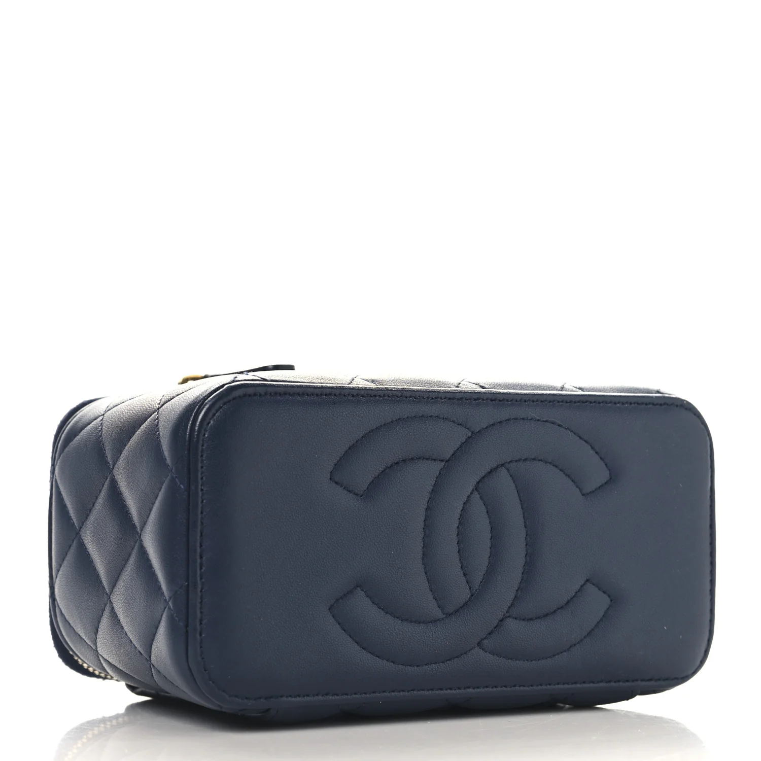 Lambskin Quilted Metal Small Top Handle Vanity Case With Chain Blue - Top Club