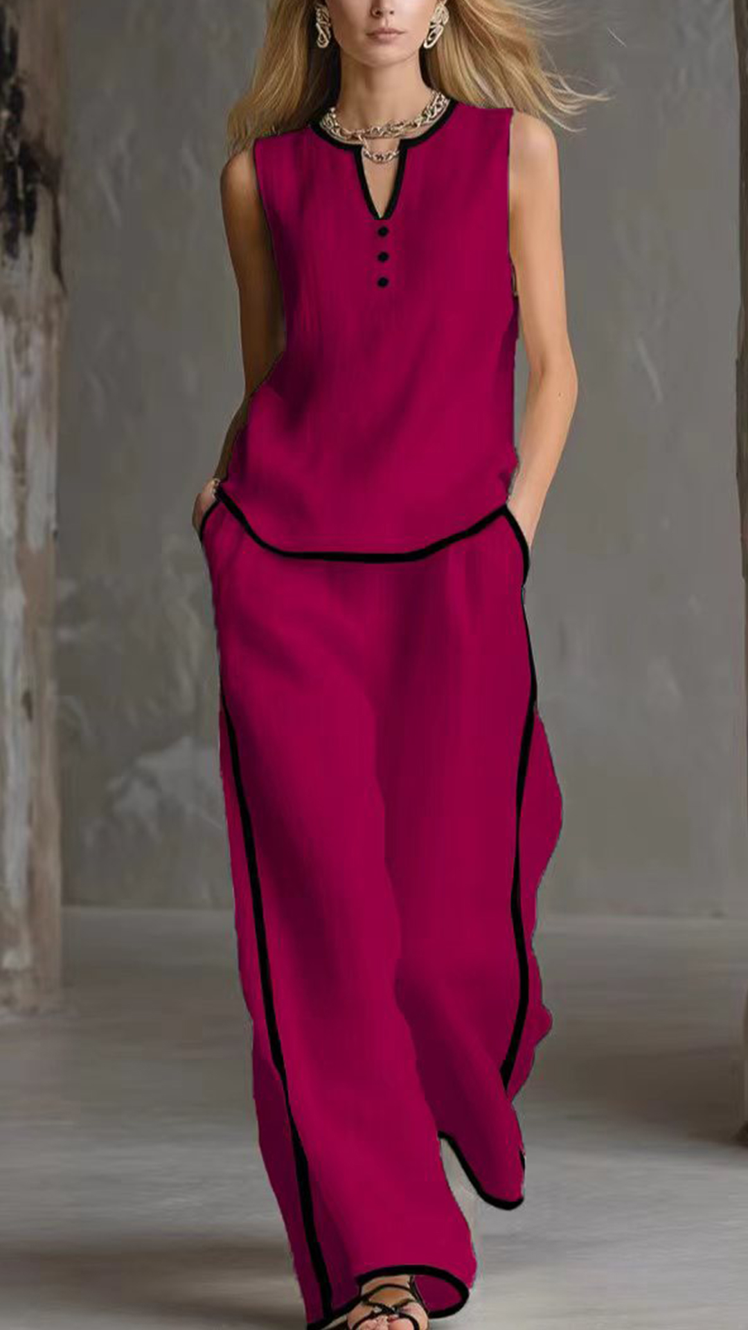 Women's Cotton-Blend Textured Sleeveless Top and Wide-Leg Pants Set - Nordfashionstorm - Women's Clothing, Fashion for You - Nordfashionstorm.com