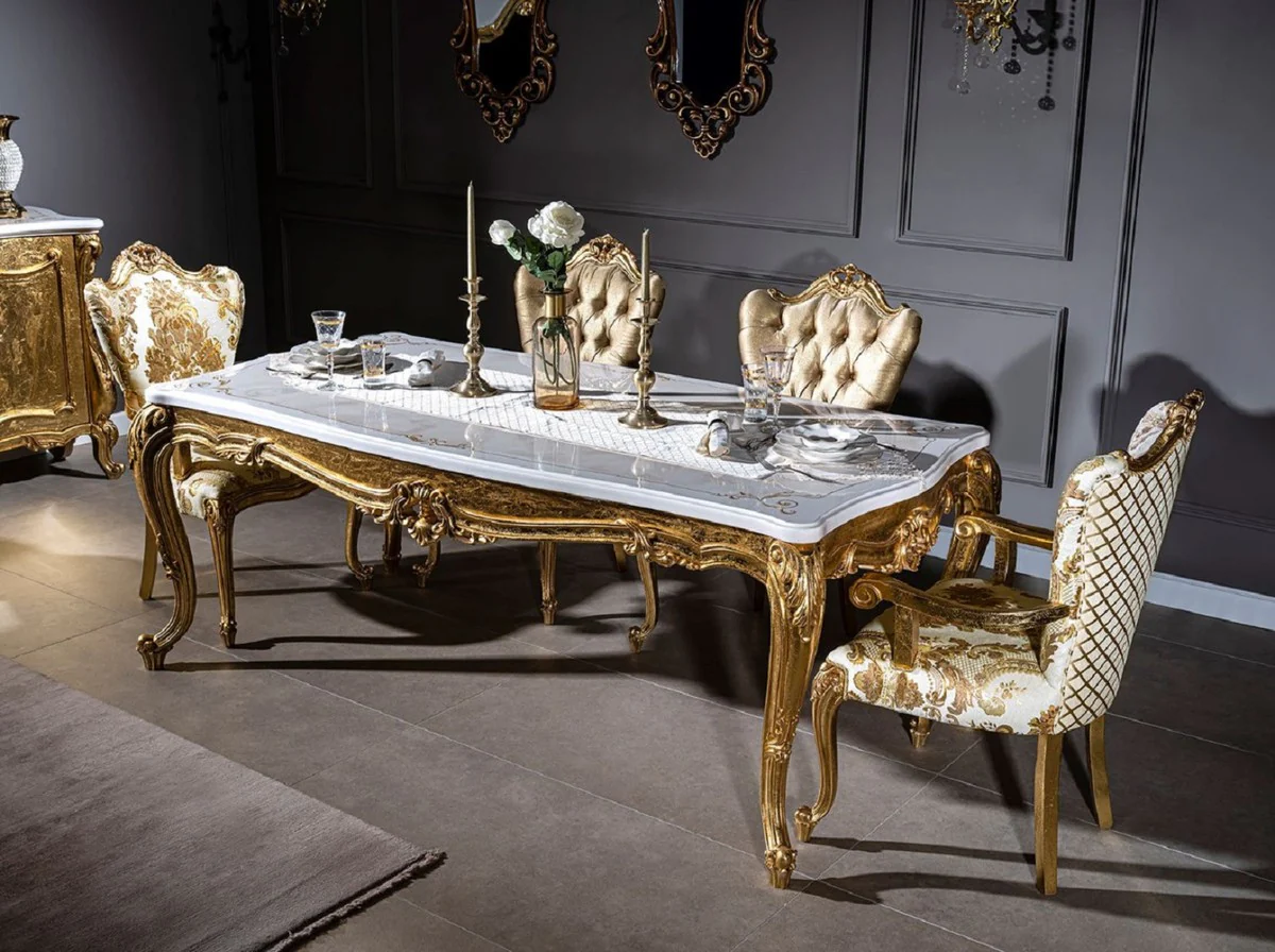Luxury Baroque Dining Room Set White / Gold - 1 Dining Table & 6 Dining Chairs - Handcrafted Dining Room Furniture in Baroque Style - Noble & Magnificent