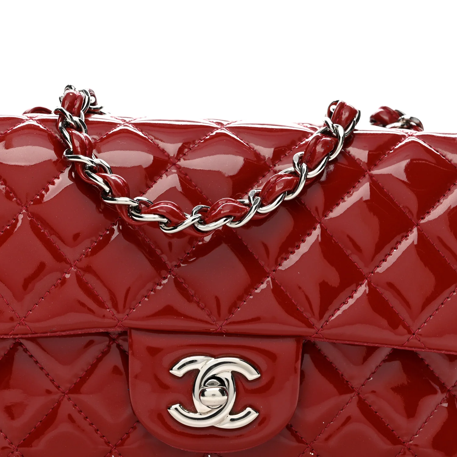 Patent Calfskin Quilted Mini Rectangular Flap Dark Red - Top Club