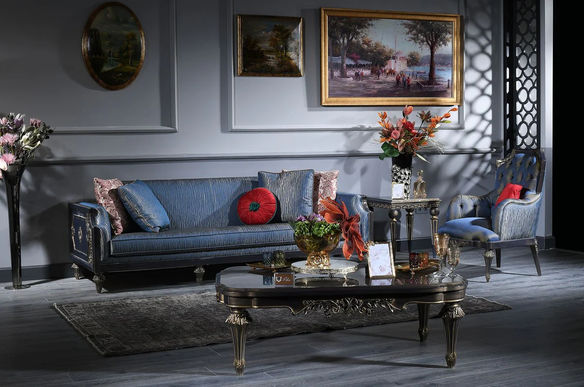 Luxury Baroque Living Room Set Blue / Gold - 2 Sofas & 2 Armchairs & 1 Coffee Table & 2 Side Tables - Magnificent Baroque Furniture - Luxury Quality