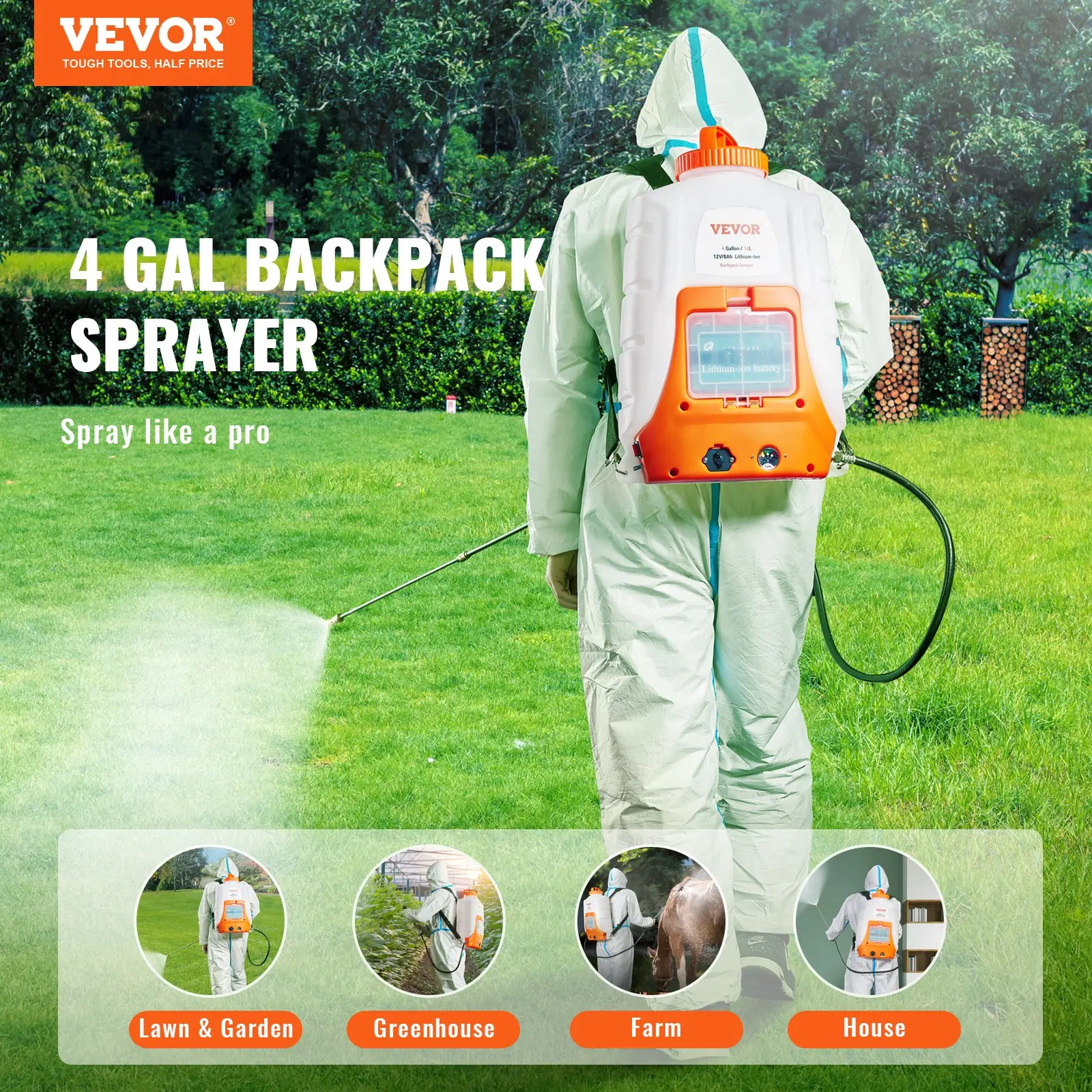 【Summerfinds】VEVOR Battery Powered Portable Backpack Sprayer 0-90 PSI Adjustable Pressure 4 Gallon Tank Backpack Sprayer with 8 Nozzles and 2 Wands 12V 8Ah Battery Wide Mouth Lid for Weeding, Spraying, Cleaning