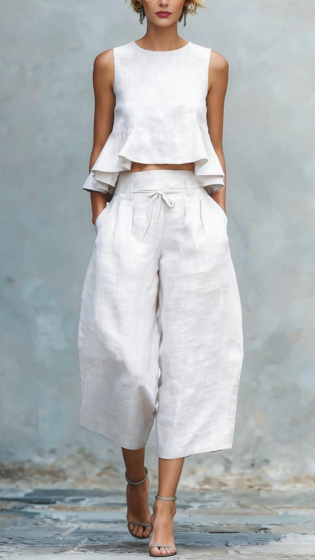 Women's two-piece linen blend set with ruffled trim. - Nordfashionstorm - Women's Clothing, Fashion for You - Nordfashionstorm.com