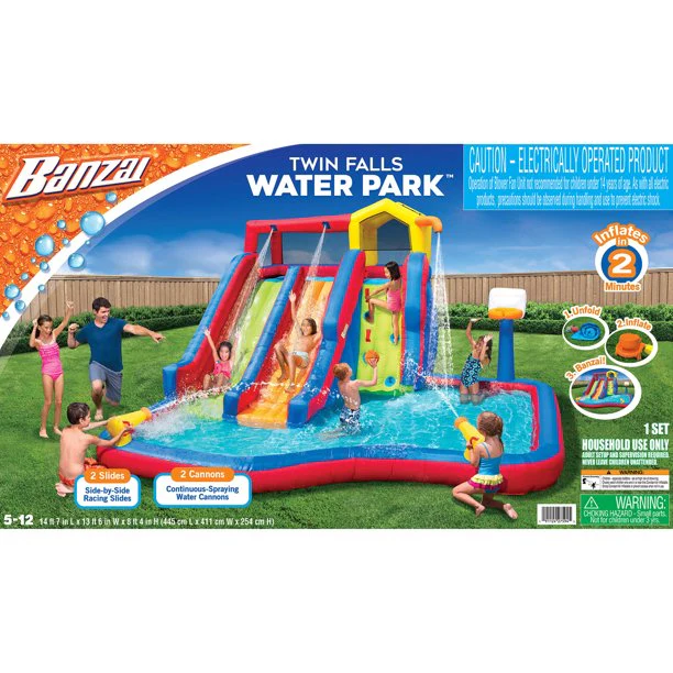 Banzai Twin Falls Giant Inflatable Water Park Bounce House - Two Water Slides and Climbing Wall - Summer Outdoor Fun for Kids and Families