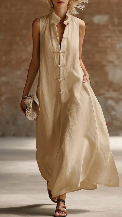 Women's Loose-Fit Stand-Collar Linen-Cotton Dress - Nordfashionstorm - Women's Clothing, Fashion for You - Nordfashionstorm.com