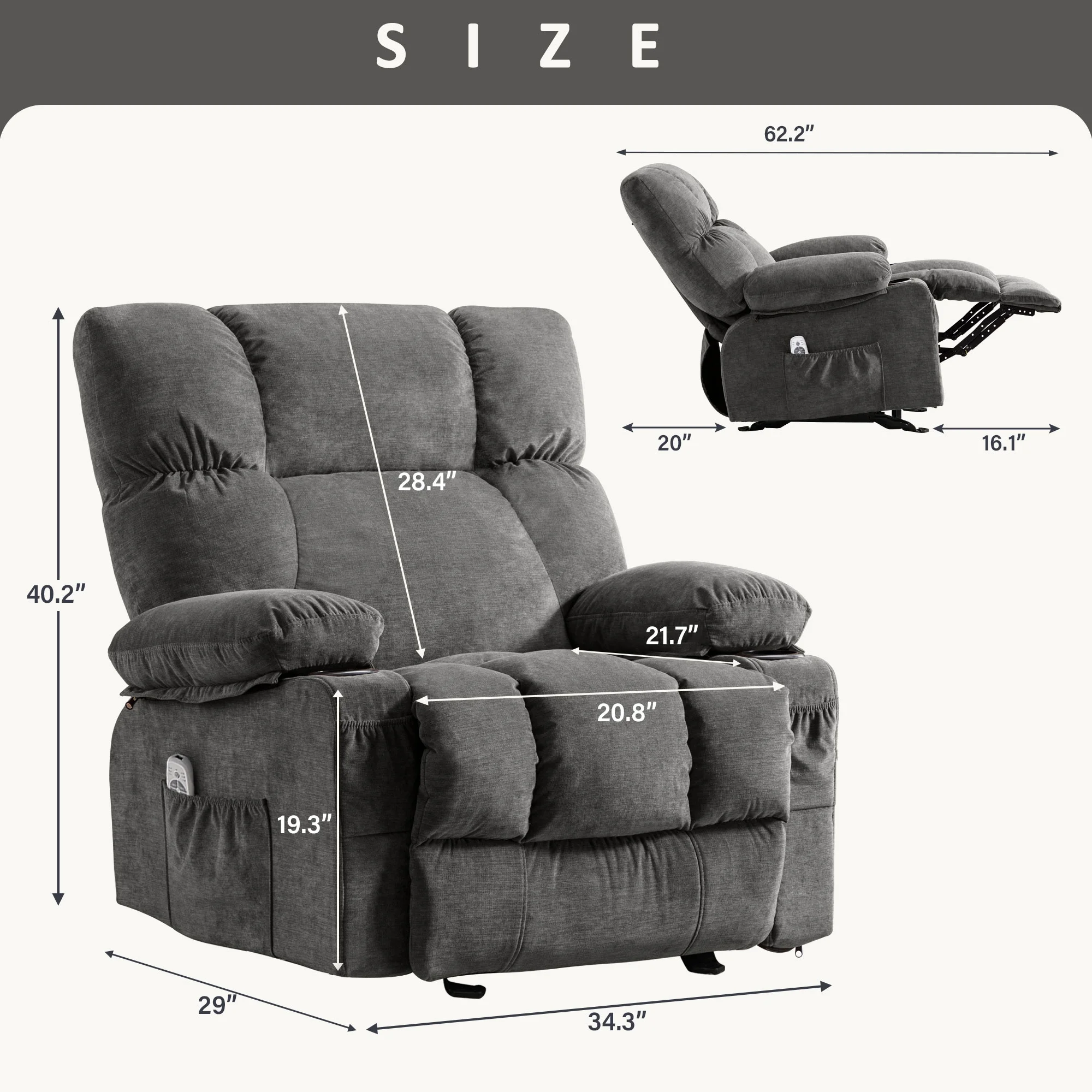 JONPONY Manual Recliner Chair with Heat Therapy and Massage Function, Heavy Duty Reclining Mechanism Massage Chair, Elderly Single Rocker Sofa with Cup Holders for Bedroom Home Theater, Grey