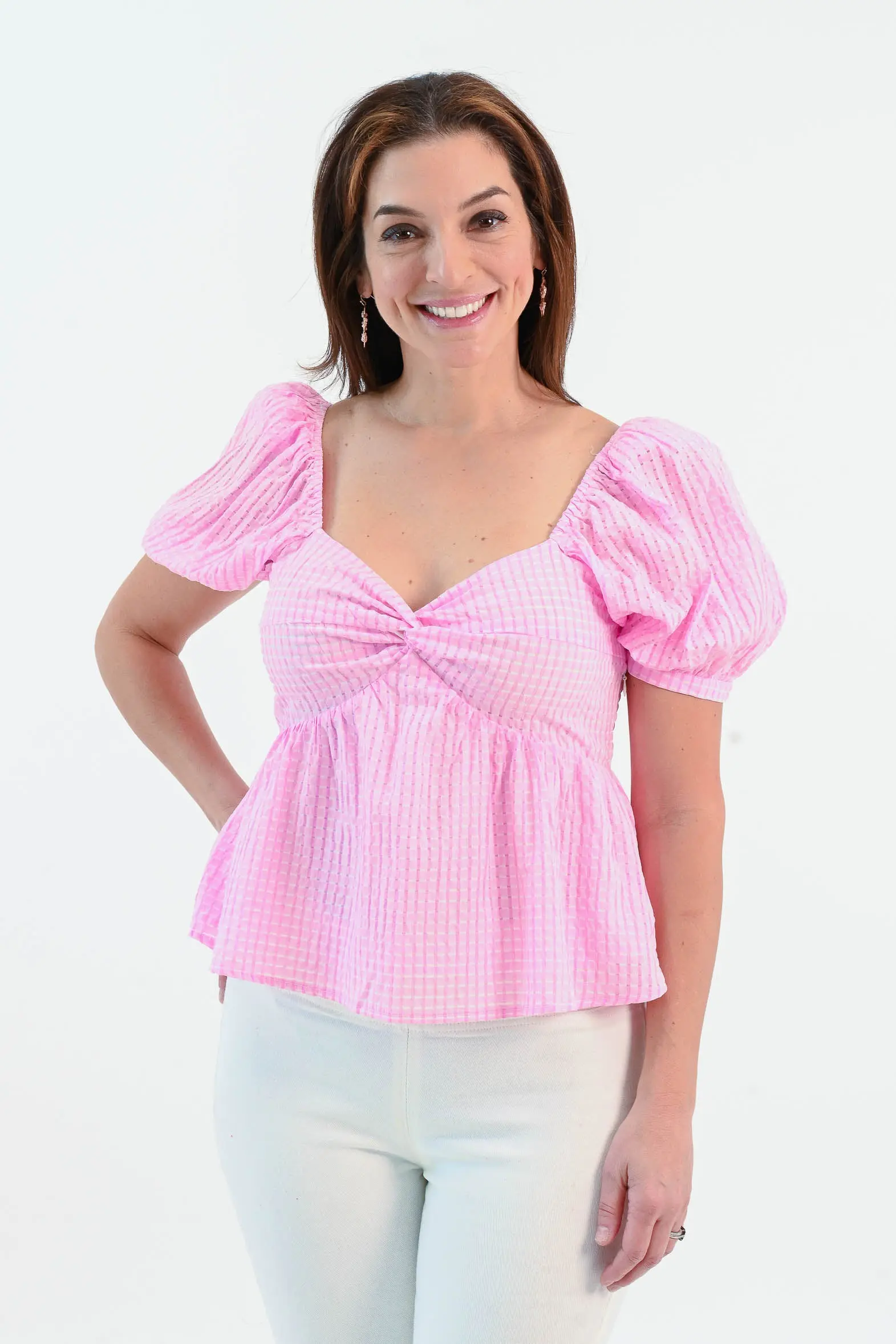 Puff Sleeve Pink Gingham Top - ALJEGJ