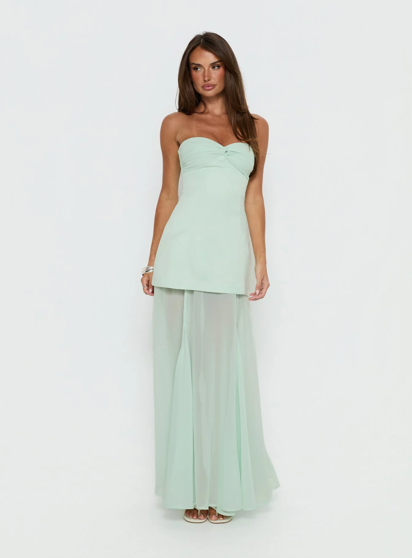 Flashy Sheer Chiffon Strapless Maxi Dress Green