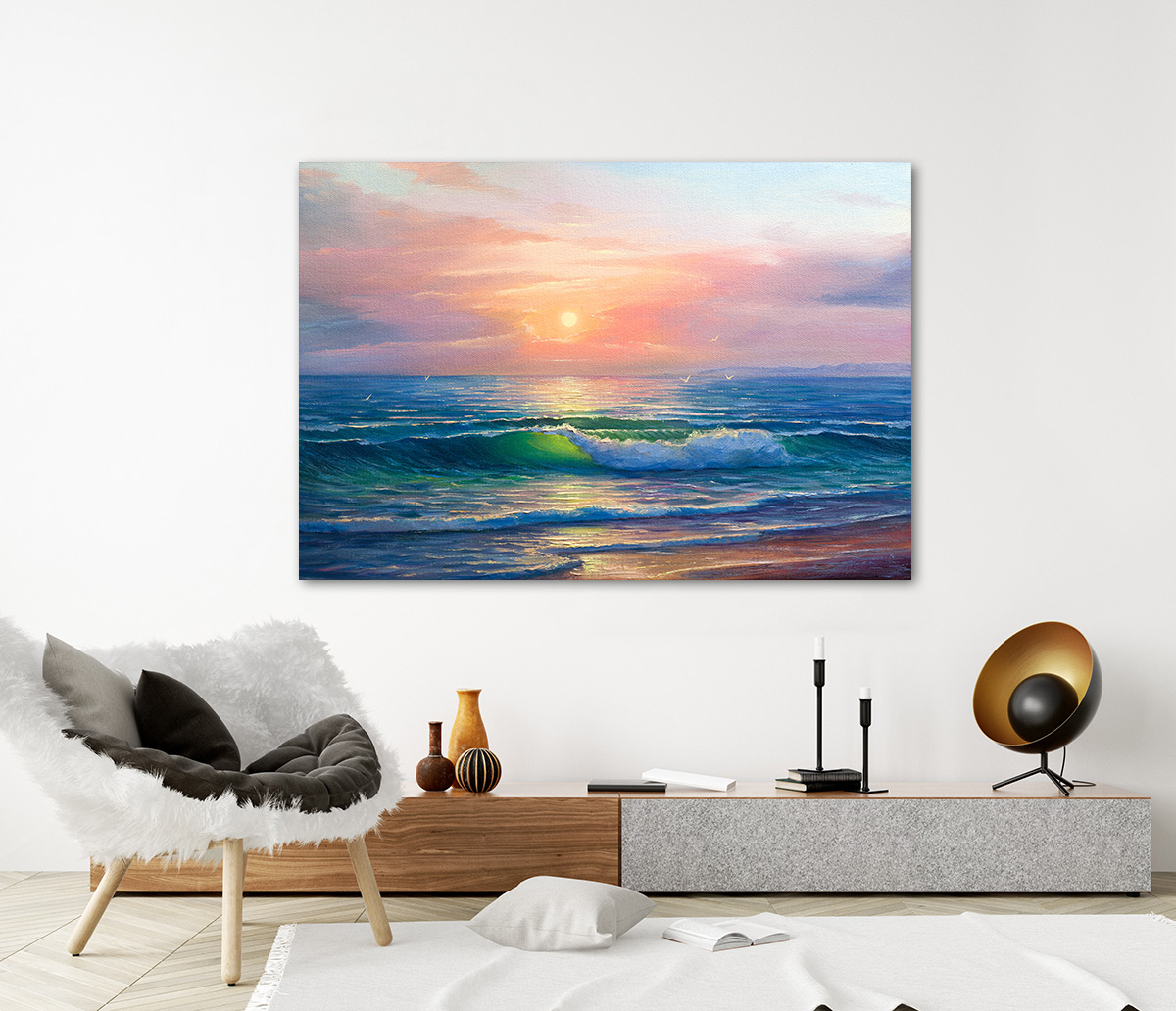 Schilderij Zonsondergang op het strand canvas 150 x 100 cm