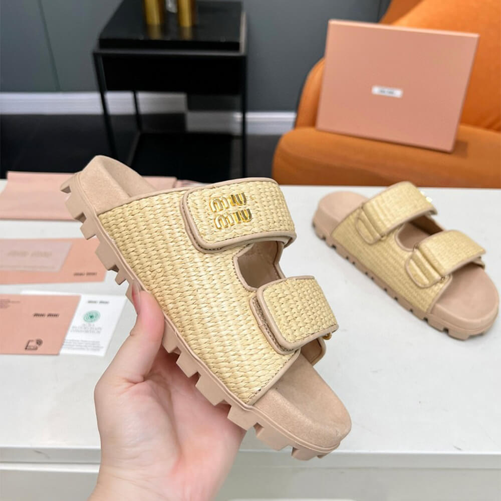MiuMiu Raffia-effect woven fabric slides - Top Club