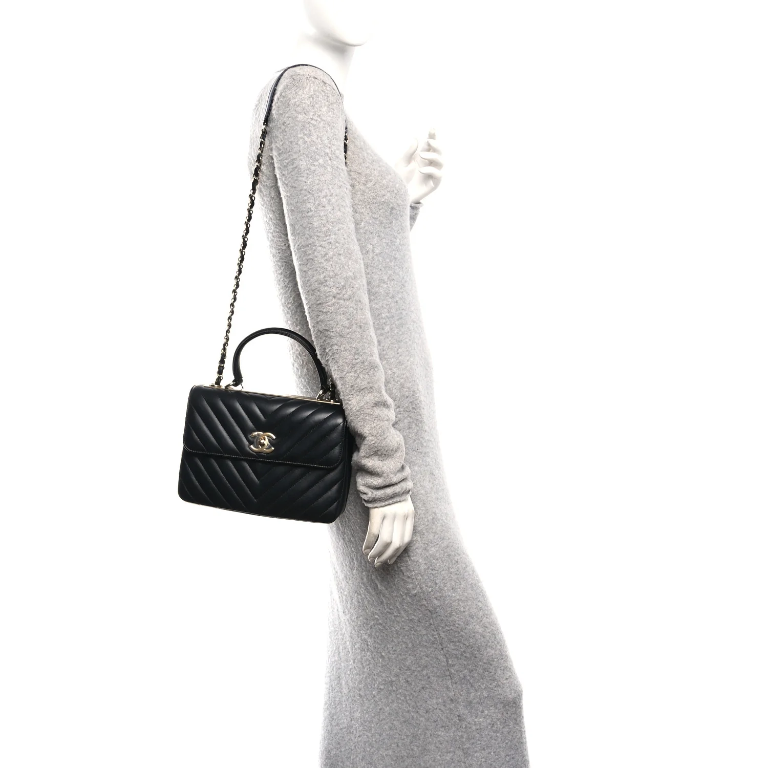 Lambskin Chevron Quilted Small Trendy CC Flap Dual Handle Bag Black