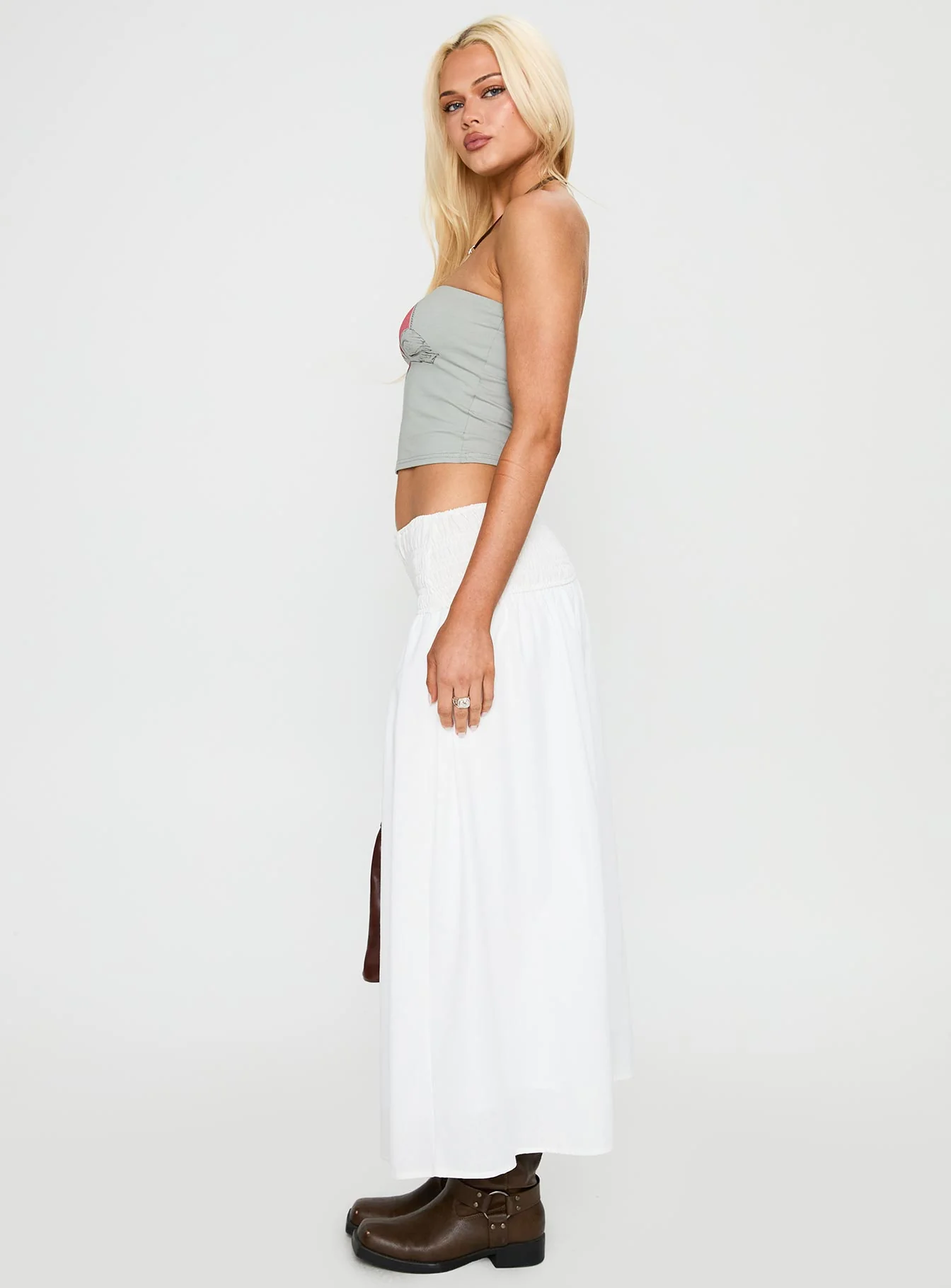Small Towns Shirred Midi Skirt White
