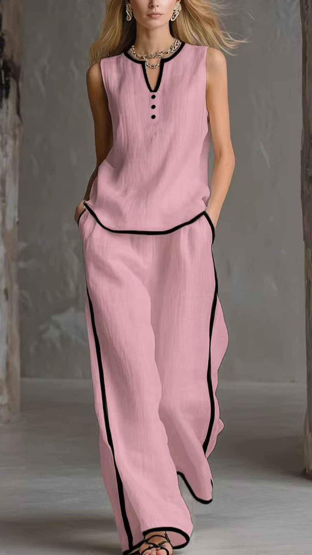 Women's Cotton-Blend Textured Sleeveless Top and Wide-Leg Pants Set - Nordfashionstorm - Women's Clothing, Fashion for You - Nordfashionstorm.com