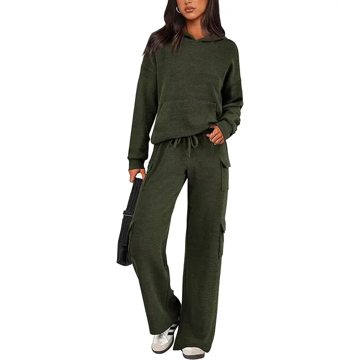 PRETTYGARDEN Women's Navy Blue 2-Piece Knitted Sets Hoodie & Wide Leg Pants with Pockets Drawstring Long Sleeve Loungewear Tracksuits Basic Fitted Clothes