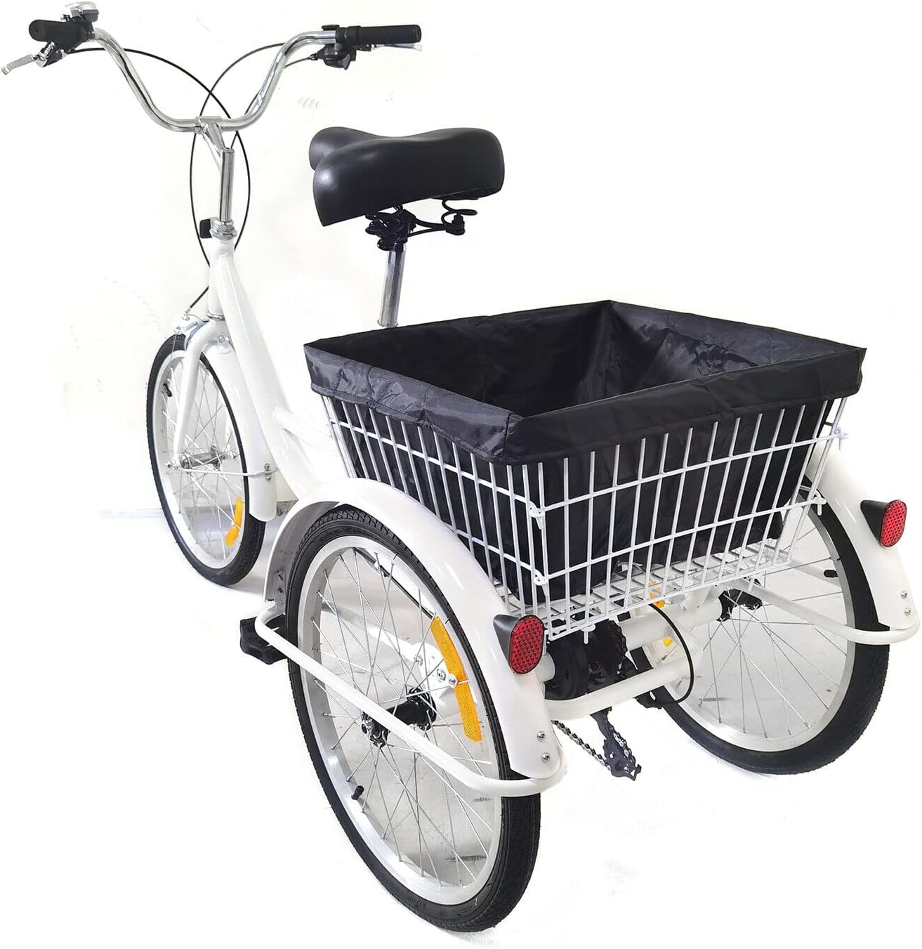 Triciclo da 20 pollici per adulti, 3 ruote, 8 velocità, bicicletta a 3 ruote con cestino portaoggetti, bicicletta cargo per adulti, anziani e donne, altezza regolabile (bianco)