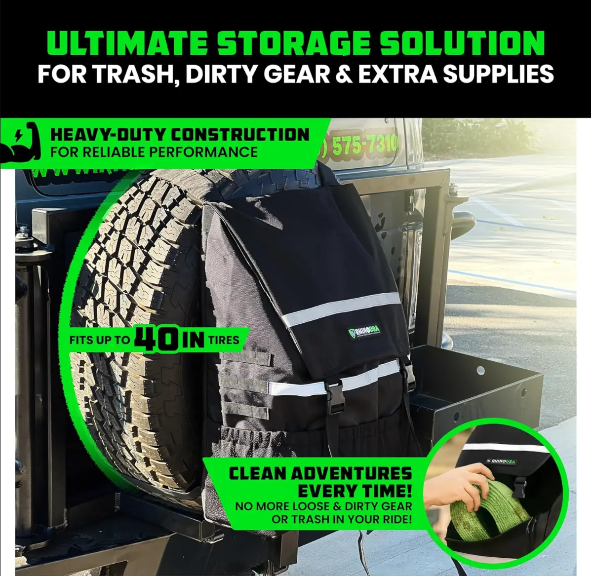 Rhino USA Spare Tire Trash Bag - Ultimate Car Storage Solution For Overlanding Accessories, Firewood, Water, Camping Essentials and More