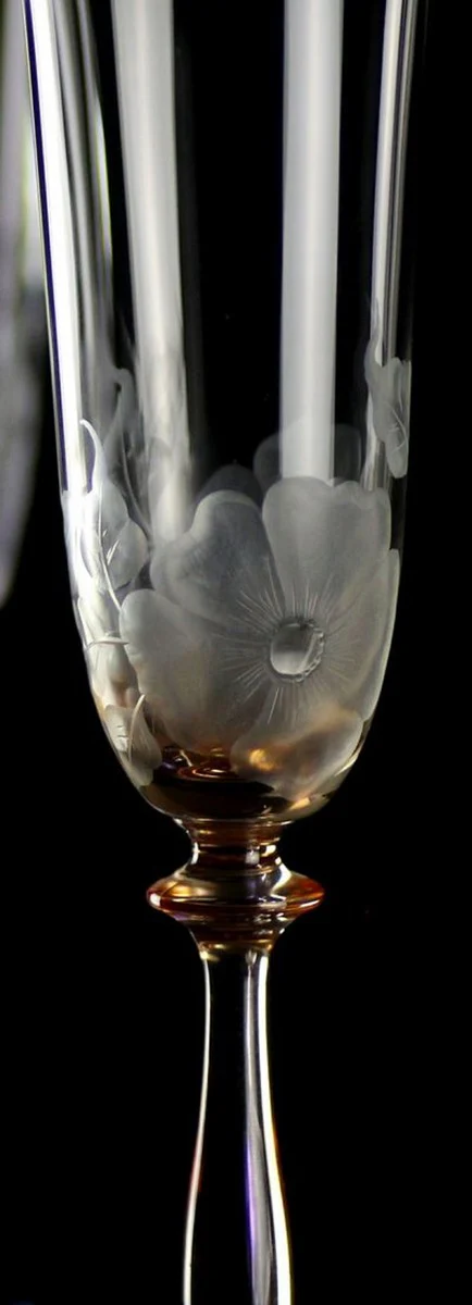 Luxury Baroque Champagne Glass Set of 6 Orange Ø 7 x H. 24.5 cm - Handmade and hand-engraved champagne glasses with flower design - Hotel & Restaurant Accessories